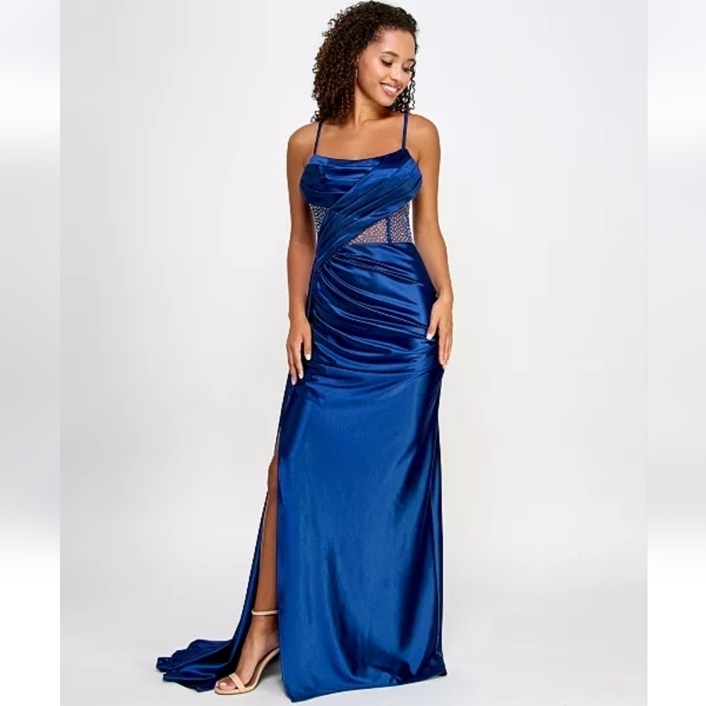 NWT TLC Say Yes Juniors Pleated Illusion Trim Rhinestone Corset Gown in Navy